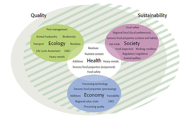 Coloured circles and their overlaps demonstrated the various aspects of sustainability and quality.