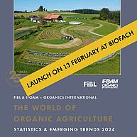 Titelblatt des Statistikbuchs "The world of organic agriculture". In gelb ein Banner darüber "launch on 13 february at biofach". Die Schrift ist golden, der hintergrund Auberginenfarben und ein Bild von einem Bauernhof mit kurvigem Feld ist zu sehen.