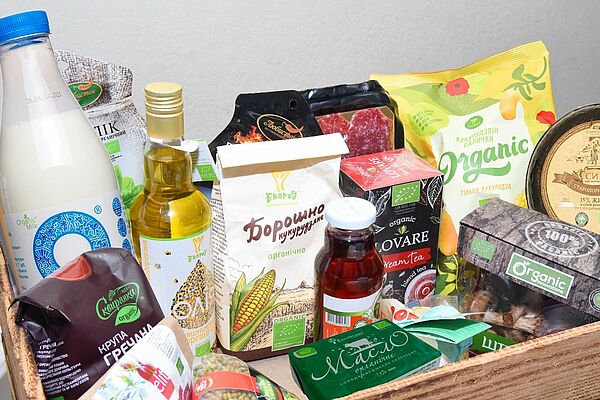 A box with various organic foods.