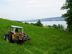 Ein Traktor in einem Feld mit einem See im Hintergrund.