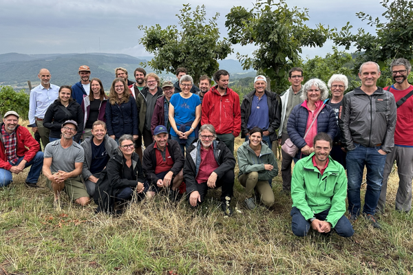 Gruppenfoto mit rund 18 Personen vor drei Bäumen und wenigen sichtbaren Reben