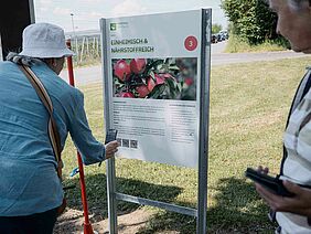 Person, die auf einem Schild einen QR-Code scannt.