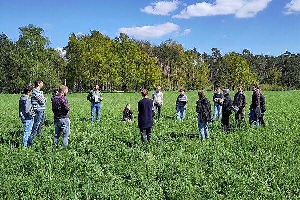 Viele Menschen stehen im Kreis auf einem Feld mit Zwischenfrüchten..