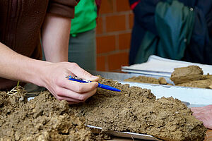 A hand with a pencil points to soil samples