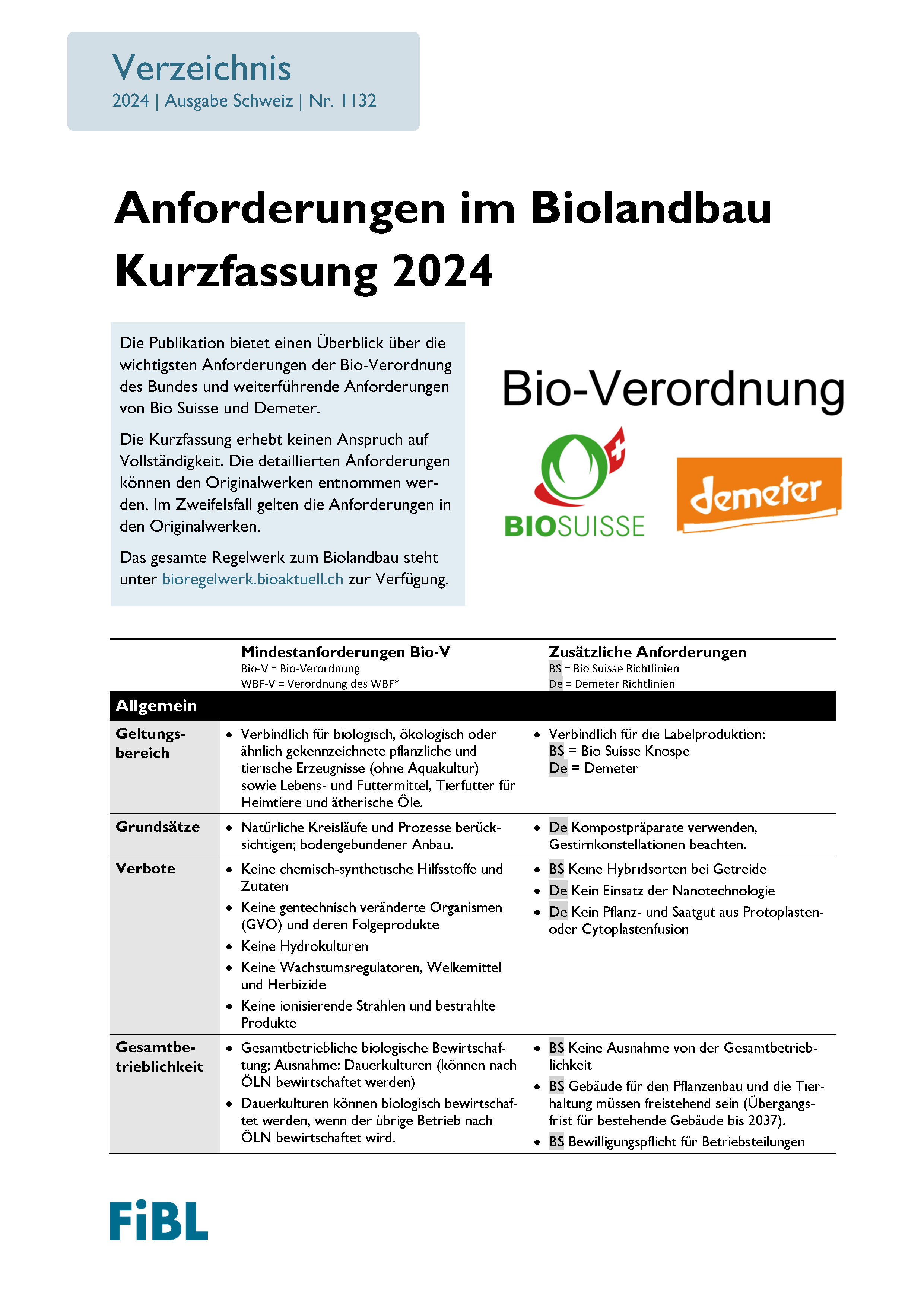 Cover: Anforderungen im Biolandbau - Kurzfassung