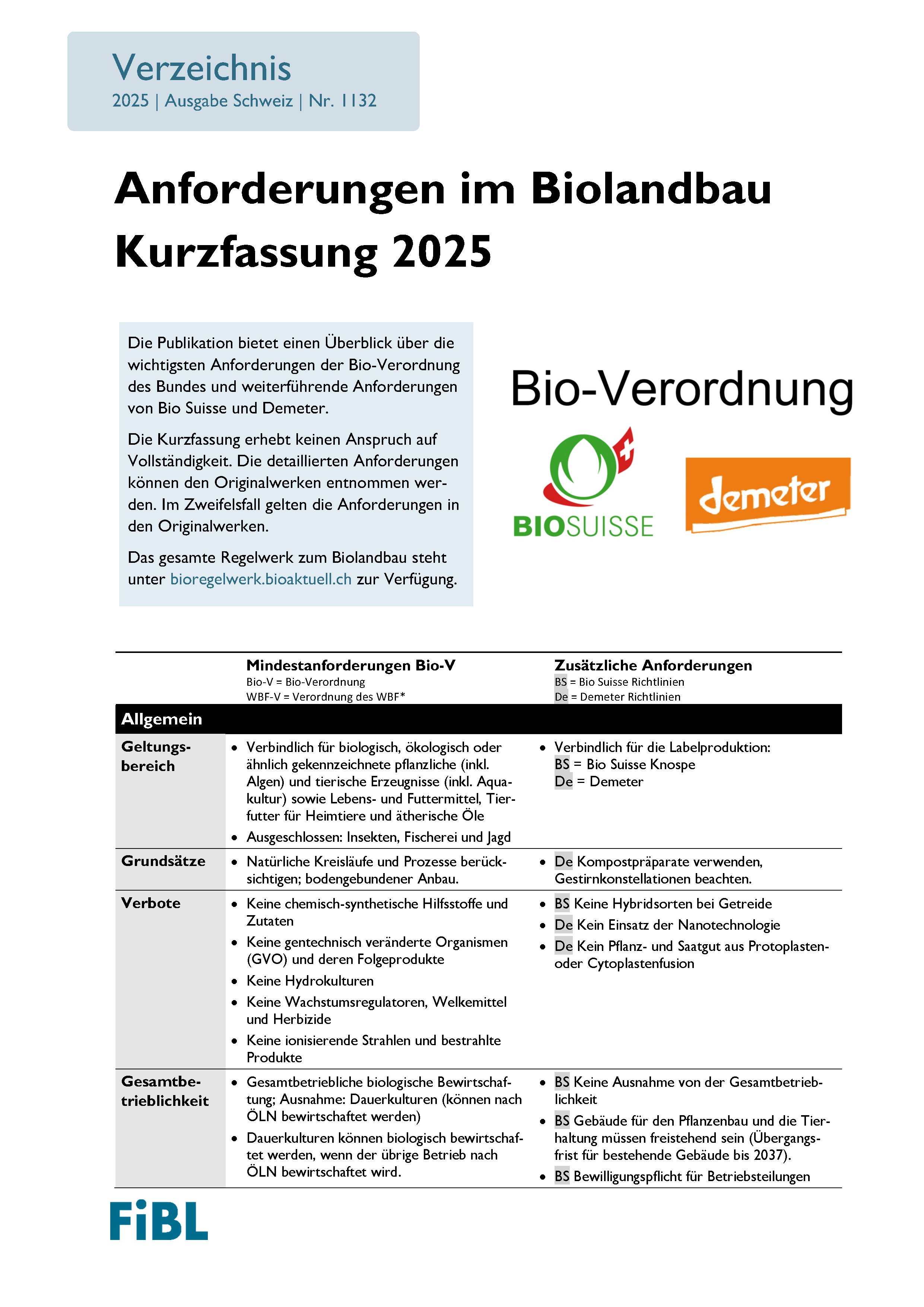 Cover: Anforderungen im Biolandbau - Kurzfassung