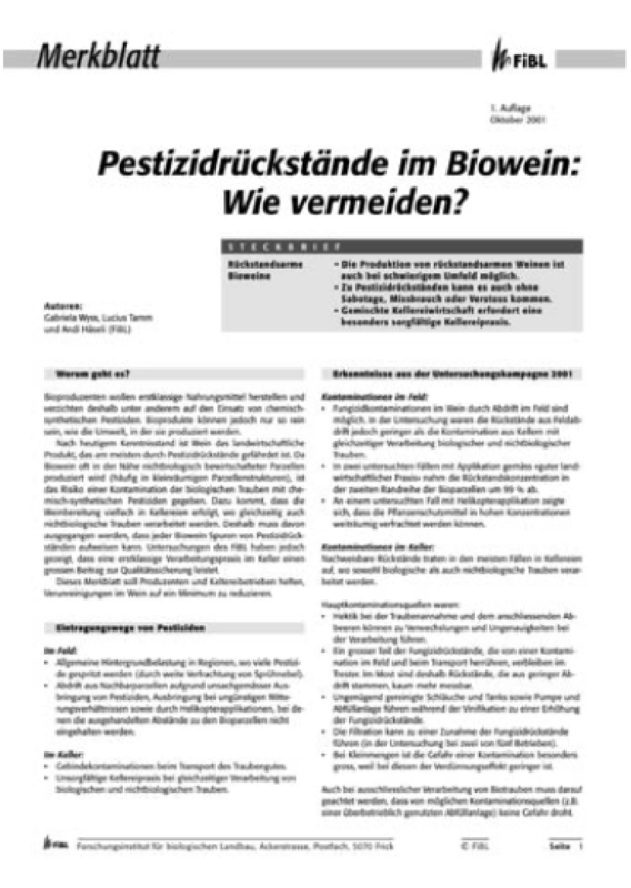 Cover: Pestizidrückstände im Biowein: Wie vermeiden?