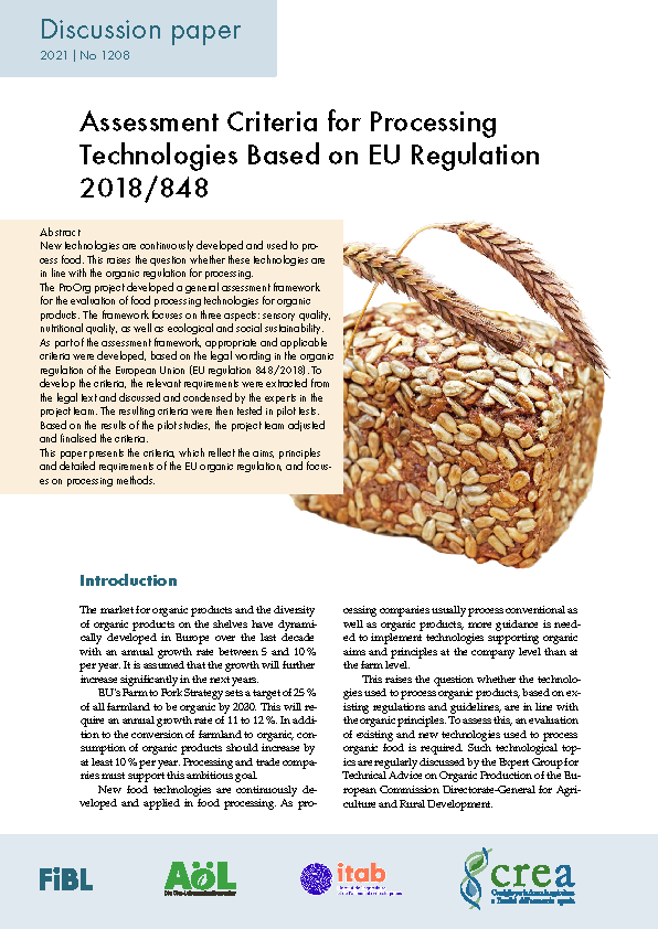 Cover: Assessment Criteria for Processing Technologies Based on EU Regulation 2018/848