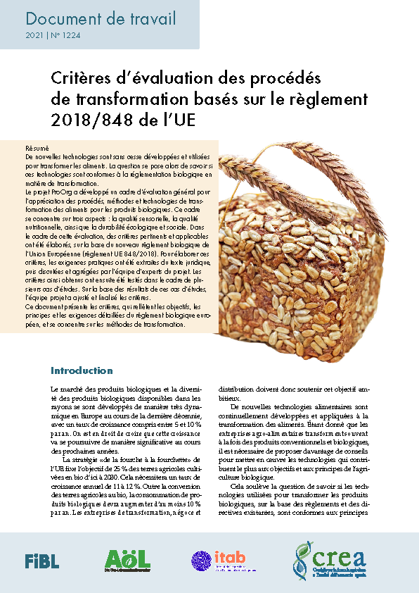 Cover: Critères d’évaluation des procédés de transformation basés sur le règlement 2018/848 de l’UE