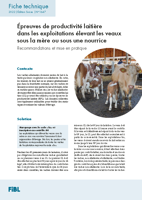 Cover: Épreuves de productivité laitière dans les exploitations élevant les veaux sous la mère ou sous une nourrice